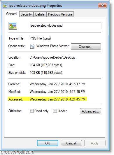 لقطة شاشة لنظام التشغيل Windows 7 - لم يتم تحديث تاريخ الوصول إليها بشكل جيد للغاية