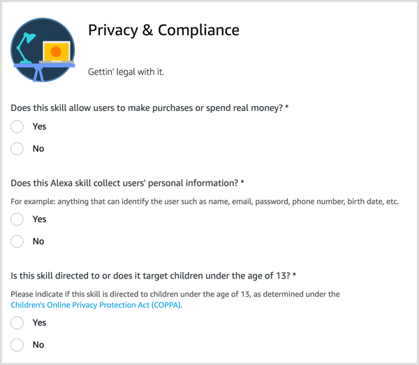 أجب عن أسئلة الخصوصية والامتثال لمهاراتك في Alexa.