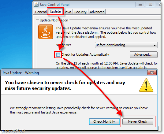 لقطة الشاشة: Windows 7 Disable Java Update Checks