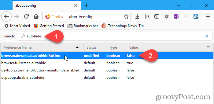انقر نقرًا مزدوجًا فوق إعداد التكوين autohideButton في Firefox