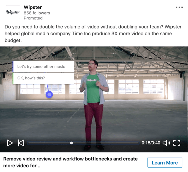 كيفية إنشاء إعلانات LinkedIn القائمة على الهدف ، عينة إعلان فيديو برعاية Wipster