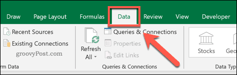 علامة التبويب البيانات على شريط شريط Excel