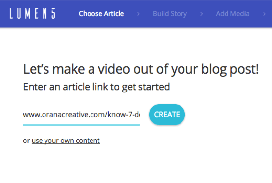أضف عنوان URL لمنشور المدونة الذي تريد إنشاء فيديو Lumen5 منه.