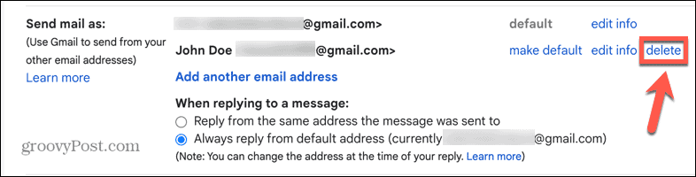حذف gmail الاسم المستعار