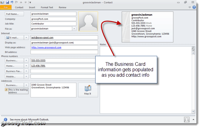قم بإنشاء vCard في Outlook 2010