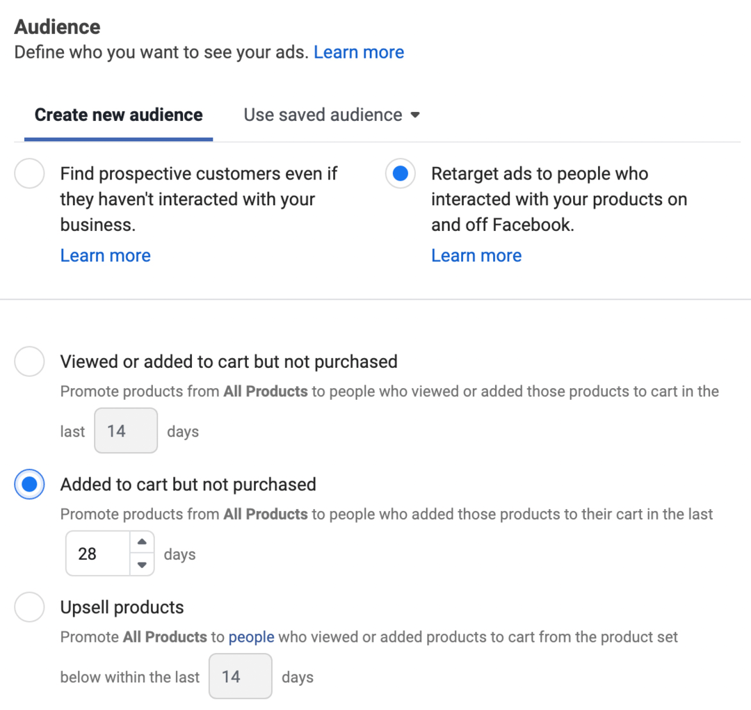 صورة لإعلانات إعادة الاستهداف للأشخاص الذين تفاعلوا مع منتجاتك داخل وخارج Facebook المحدد في Ads Manager