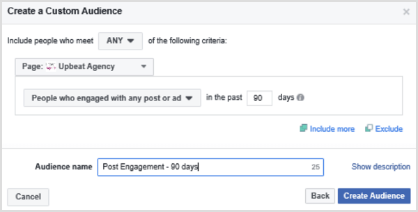 اختر خيارات لإعداد جمهور مخصص على Facebook استنادًا إلى الأشخاص الذين تفاعلوا مع أي منشور أو إعلان خلال الـ 90 يومًا الماضية