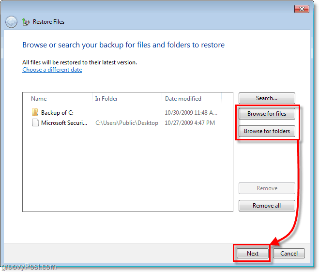 Windows 7 Backup - حدد الملفات أو المجلدات التي تريد استعادتها