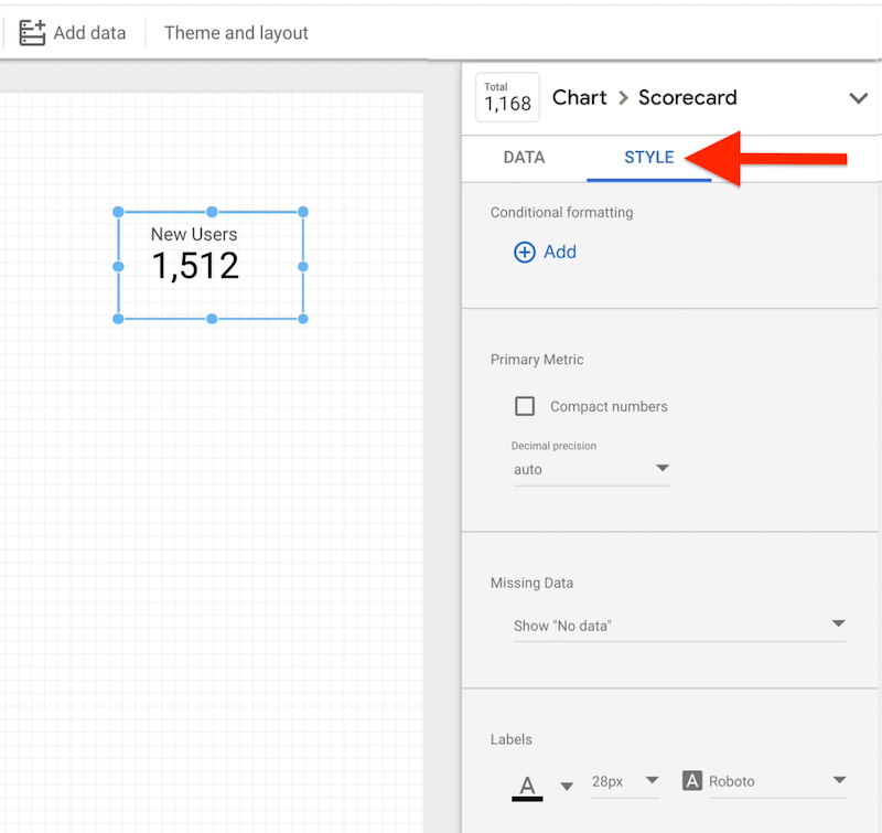 على سبيل المثال ، إعدادات وخيارات مخطط بطاقة الأداء في google data studio تعرض التنسيق الشرطي ، والقياس الأساسي بدقة عشرية ، والبيانات المفقودة ، وتنسيق الملصق ، إلخ.