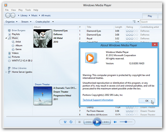 Windows Media Player على سطح مكتب Windows 8