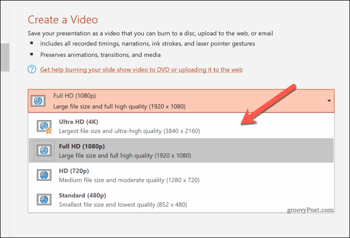 تحديد جودة مقاطع الفيديو المصدرة في PowerPoint