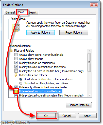 في مربع حوار خيارات مجلد Windows 7 ، انقر فوق علامة التبويب عرض ، ثم قم بإلغاء تحديد إخفاء الملحقات لأنواع الملفات المعروفة