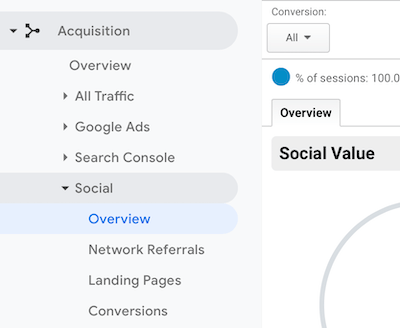 قائمة التنقل في Google Analytics مع Social> نظرة عامة محددة