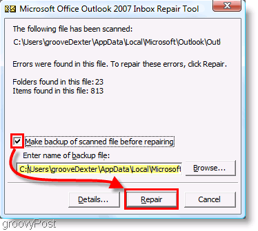 لقطة شاشة - قائمة إصلاح برنامج Outlook 2007 ScanPST