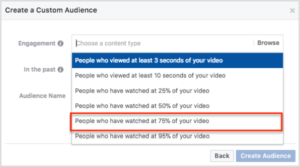 حدد الأشخاص الذين شاهدوا 75٪ من الفيديو الخاص بك في مربع الحوار إنشاء جمهور مخصص.