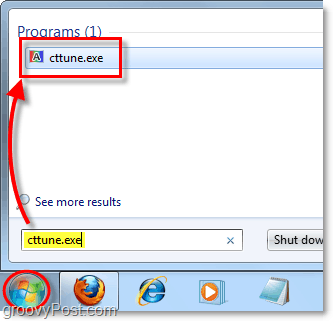 من قائمة ابدأ في Windows 7 ، قم بتحميل cctune.exe لتحميل موالف clearType