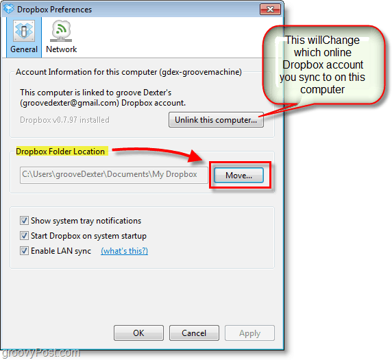 لقطة شاشة Dropbox - تغيير موقع صندوق الإسقاط الافتراضي أو تغيير / إزالة حسابات صندوق الإسقاط