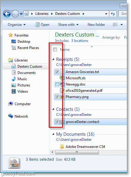 لقطة شاشة Windows 7 -استخدم خانات الاختيار لتحديد العناصر الخاصة بك ، رائع!