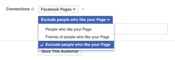 خيار استهداف إعلان الفيسبوك لاستبعاد الأشخاص الذين يحبون الصفحة بالفعل