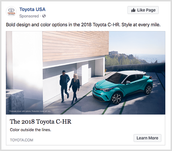 يتميز إعلان المشاركة على Facebook من Toyota باللون الفيروزي Toyota C-HR ويحتوي على زر معرفة المزيد.