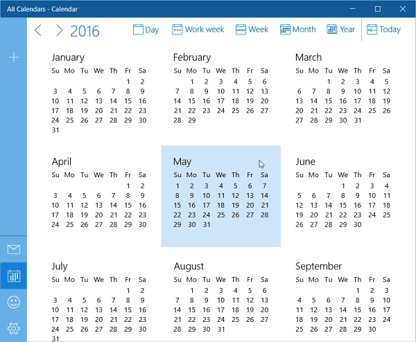تحديث Windows 10 Calendar عرض السنة الكاملة