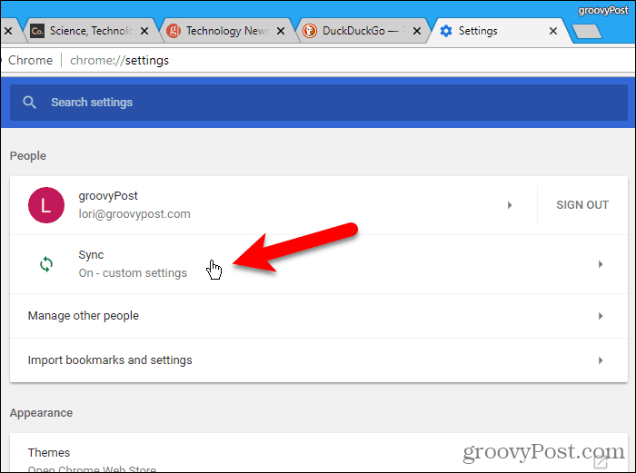 انقر فوق مزامنة على شاشة إعدادات Chrome في Windows