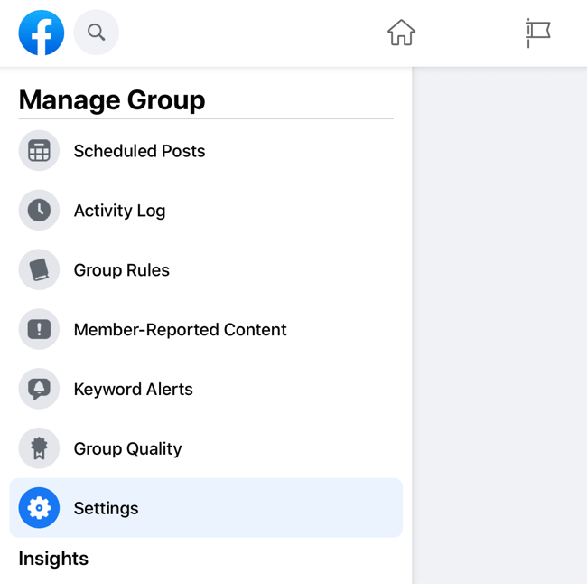 لقطة شاشة لقائمة إدارة مجموعة facebook مع تمييز خيار الإعدادات