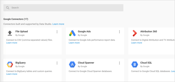 استيراد ثلاثة أنواع من الموصلات إلى Google Data Studio: Google Connectors و Partner Connectors و Open Source Connectors.