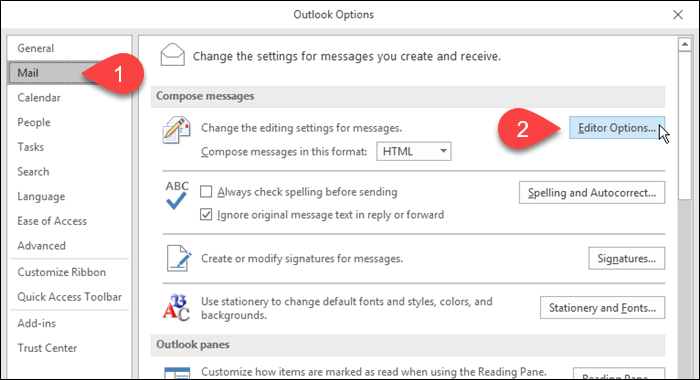 انقر على البريد ثم خيارات المحرر في Outlook