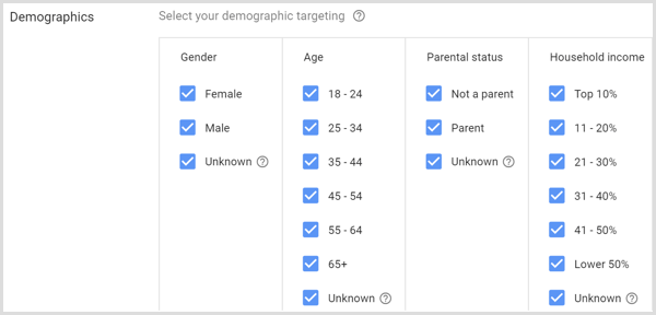 إعدادات الديموغرافيات لحملة Google AdWords.