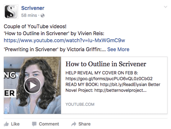 يشارك Scrivener مقطع فيديو على YouTube قد يعجب المستخدمين على صفحته على Facebook.