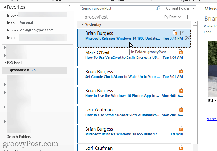 مجلد موجز ويب لـ RSS في Outlook