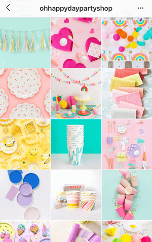 كيفية تحسين صورك على instagram ، نموذج تغذية Instagram من Oh Happy Day Party Shop يعرض لوحة ألوان زاهية