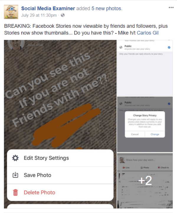ينشر Facebook مشاركة عامة وصورًا مصغرة للقصص.