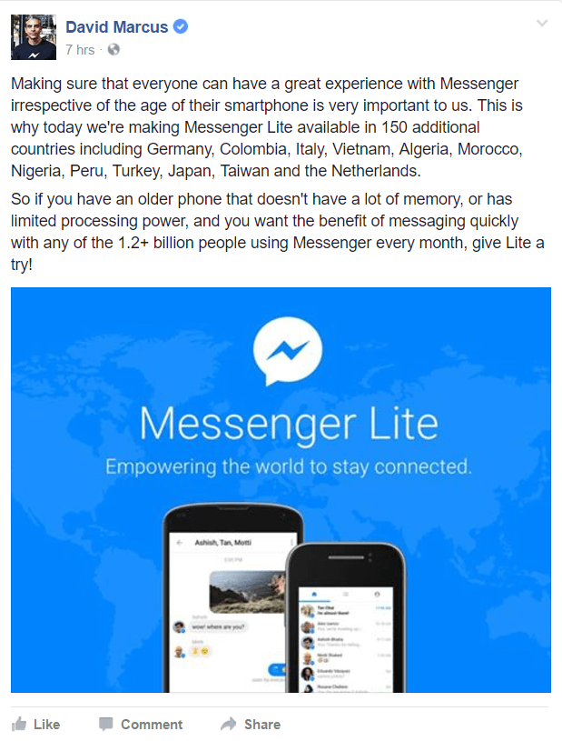 يتوفر Facebook Messenger Lite الآن في المزيد من البلدان حول العالم.