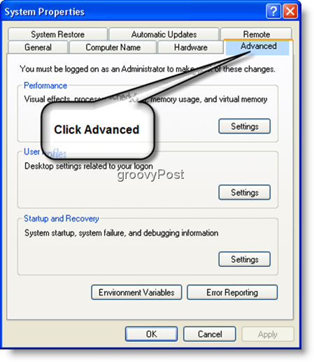 الإعدادات المتقدمة لخصائص النظام Windows XP
