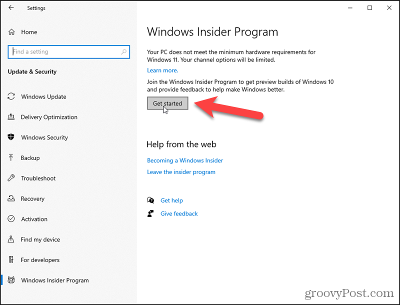 انقر فوق البدء لبرنامج Windows Insider