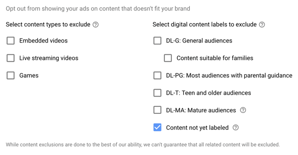 كيفية إعداد حملة إعلانات YouTube ، الخطوة 15 ، قم بتعيين الأنواع المستبعدة وخيارات التصنيف