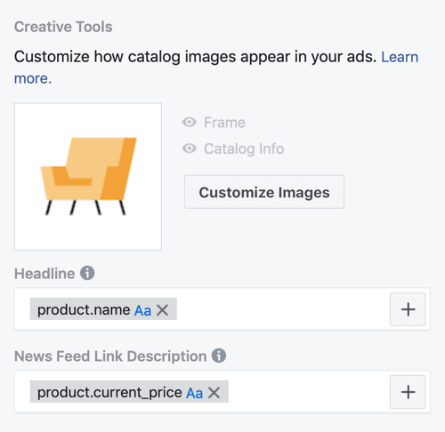 استخدم أداة إعداد حدث Facebook ، الخطوة 30 ، خيارات القائمة لتخصيص كيفية ظهور صور الكتالوج في إعلانات Facebook