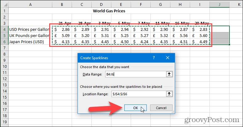 إنشاء مربع الحوار Sparklines في Excel