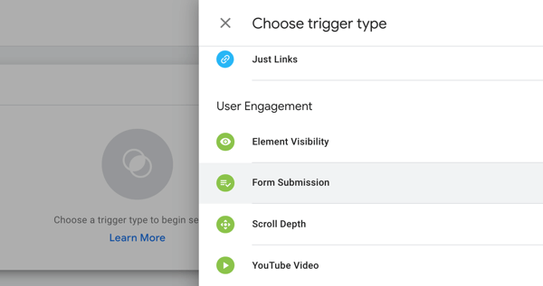 استخدم Google Tag Manager مع Facebook ، الخطوة 19 ، خيارات القائمة لاختيار نوع المشغل في Google Tag Manager