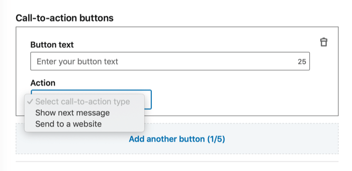 قسم أزرار الحث على اتخاذ إجراء لإعداد إعلان محادثة LinkedIn