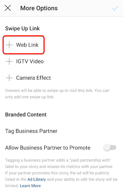 خيارات قائمة instagram لإضافة ارتباط سريع مع تمييز خيار ارتباط الويب