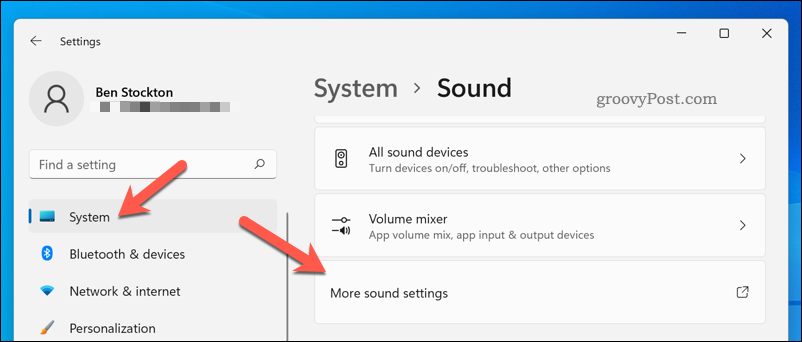 فتح قائمة المزيد من إعدادات الصوت في نظام التشغيل Windows 11