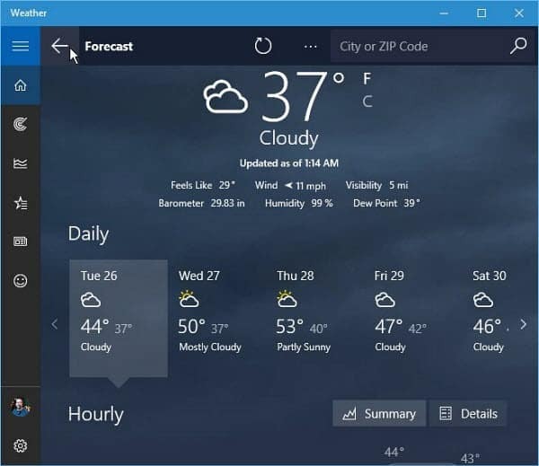 توقعات الطقس لـ Windows 10