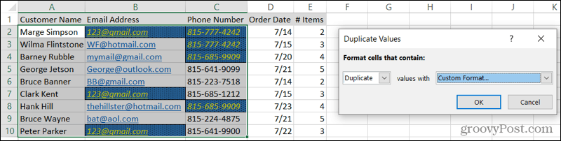 التكرارات المنسقة المخصصة في Excel