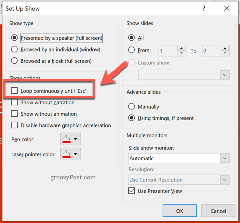 الحلقة باستمرار حتى خيار Esc في PowerPoint