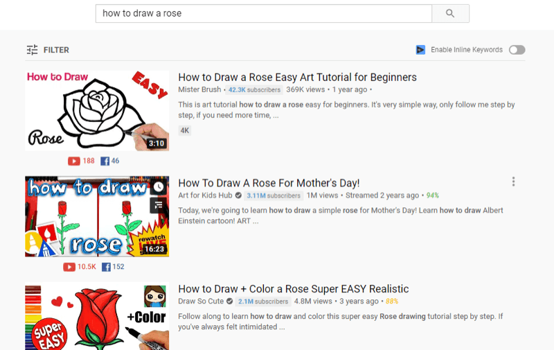 مثال على أهم فيديوهات يوتيوب في نتائج بحث يوتيوب عن "كيفية رسم وردة"