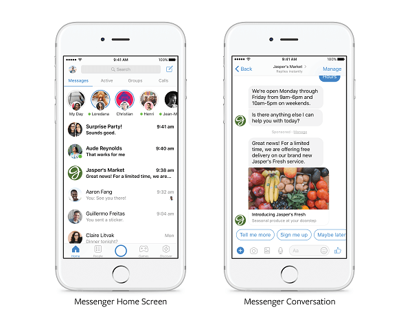أعلن Facebook أنه "في الأشهر المقبلة" سيتمكن جميع المعلنين من إرسال العروض الترويجية ذات الصلة مباشرة إلى العملاء الذين سبق لهم التواصل مع علامة تجارية في Messenger.