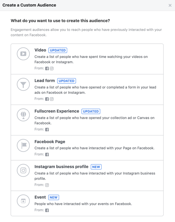 خيارات لما تريد استخدامه لإنشاء هذا الجمهور لجمهورك المخصص على Facebook.